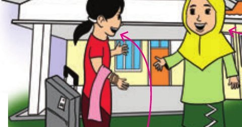 Seorang kanak-kanak perempuan menyambut kawan yang tiba di hadapan rumah