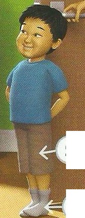 A boy in a blue T-shirt, brown shorts and grey socks