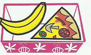 A pink lunch box with a banana and a slice of pizza