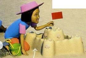 A girl in a pink hat making a sandcastle with a red flag