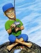A boy in a blue cap sitting on a rock and fishing