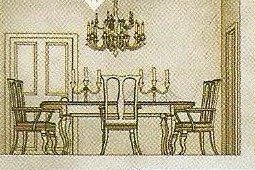 A dining room with a table, chairs and a chandelier