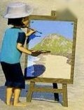 A girl in a hat painting a picture on an easel