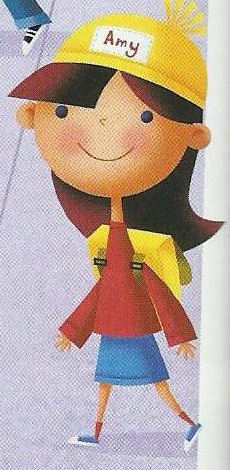 A girl in a yellow cap, a red sweater and a blue skirt