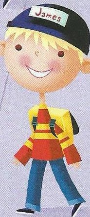 A boy in a black cap, a red and yellow striped top and blue trousers