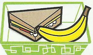 A green lunch box with a sandwich and a banana