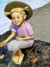A girl in a straw hat sitting on rocks with shells in her hand