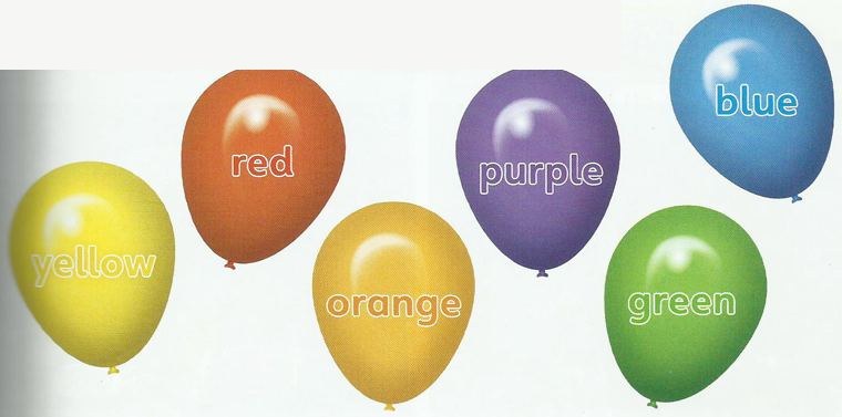 Six balloons: yellow, red, orange, purple, green and blue