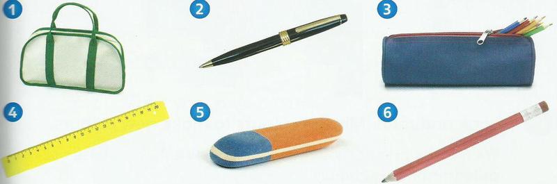 Six school things numbered 1 to 6: bag, pen, pencil case, yellow ruler (4), rubber, pencil
