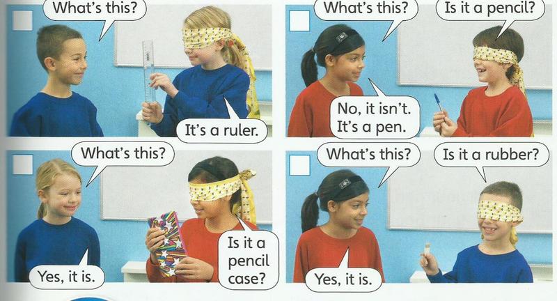Four pictures of children guessing objects with their eyes covered: a ruler, a pen, a pencil case and a rubber