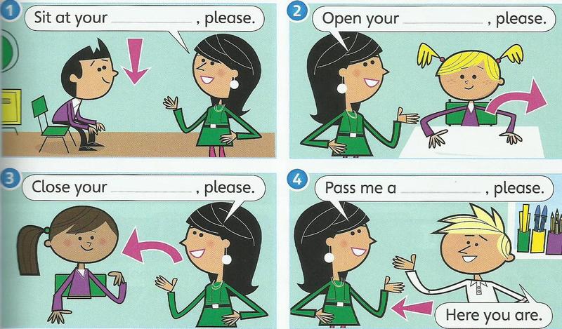 Four pictures of a teacher asking: sit at your desk, open your book, close your bag, pass me a pen