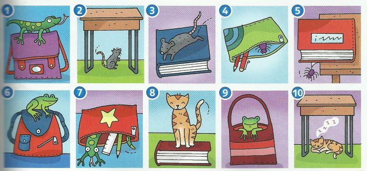 Ten small numbered pictures: 1 a lizard on a bag, 2 a rat under a desk, 3 a rat on a book, 4 a spider in a pencil case, 5 a spider under a book, 6 a frog on a bag, 7 frogs under a pencil case, 8 a cat on a book, 9 a frog in a bag, 10 a cat under a desk