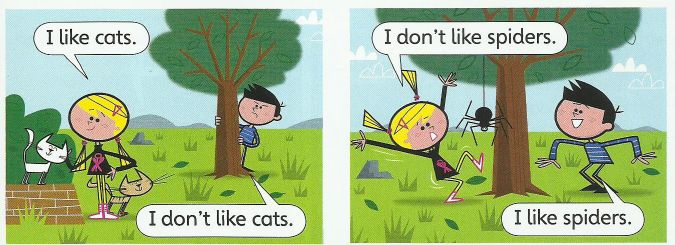 Two pictures: a girl says I like cats and a boy says I don't like cats; the girl says I don't like spiders and the boy says I like spiders