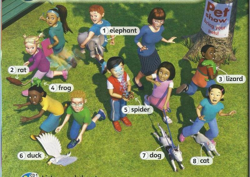 Children at a pet show holding eight labelled animals: 1 elephant, 2 rat, 3 lizard, 4 frog, 5 spider, 6 duck, 7 dog, 8 cat