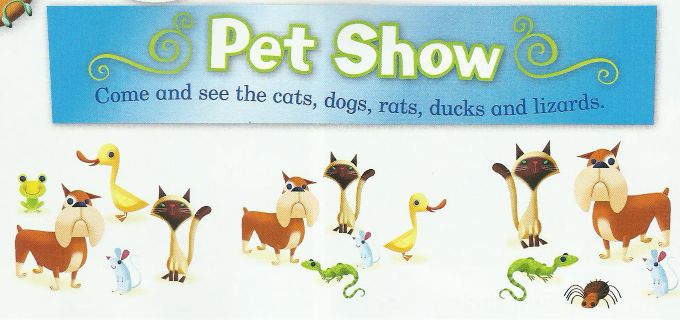 A Pet Show poster with cats, dogs, rats, ducks, lizards, a frog and a spider