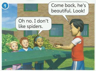 A boy holds a spider in his hand. A girl says Oh no, I don't like spiders