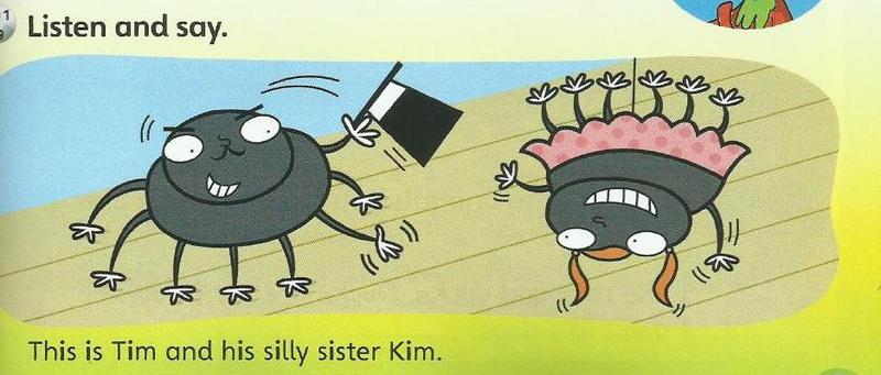 Two cartoon spiders: Tim waves a hat and his sister Kim hangs upside down