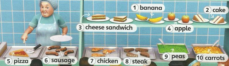 A lunch counter with ten numbered foods, number 5 is pizza