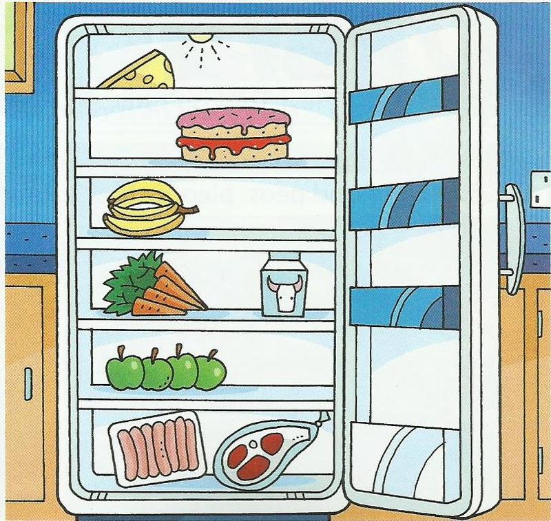 An open fridge with cheese, cake, bananas, carrots, milk, apples, sausages and a steak