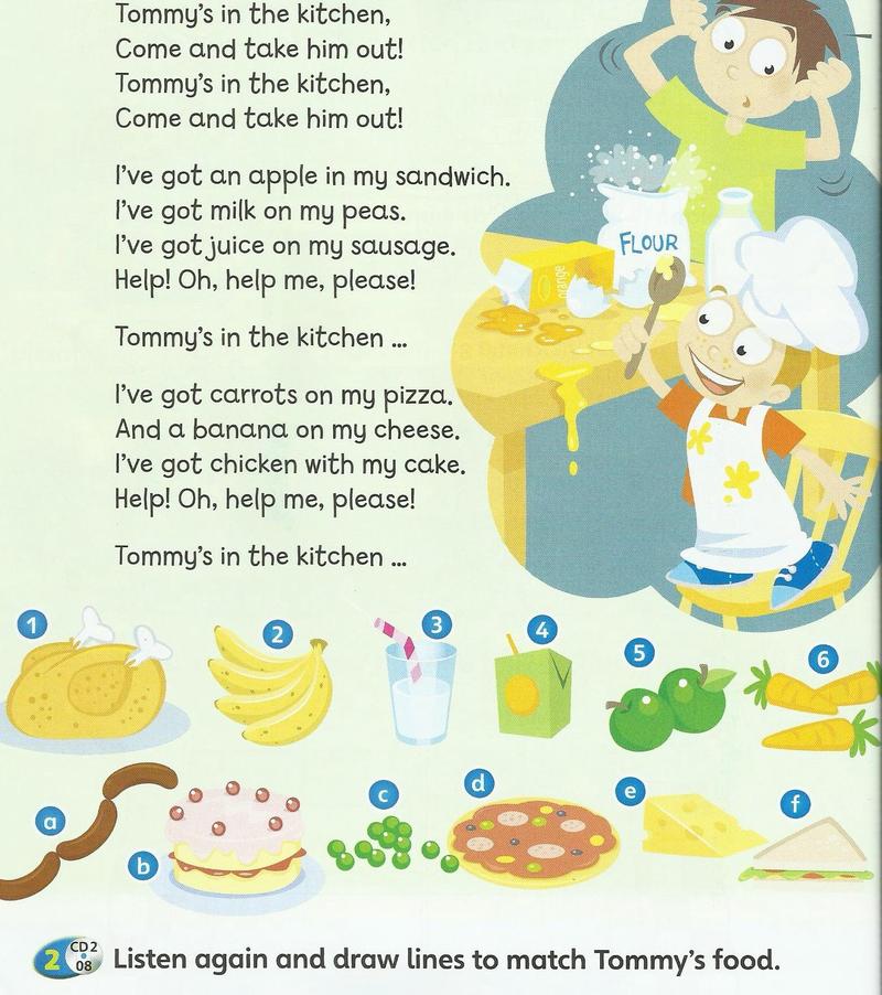 Six story pictures in a lunch queue: where is Misty, Misty is in the queue, the children say it isn't fair, the cook says there is no pizza, Misty asks for sausages and peas, and says thank you