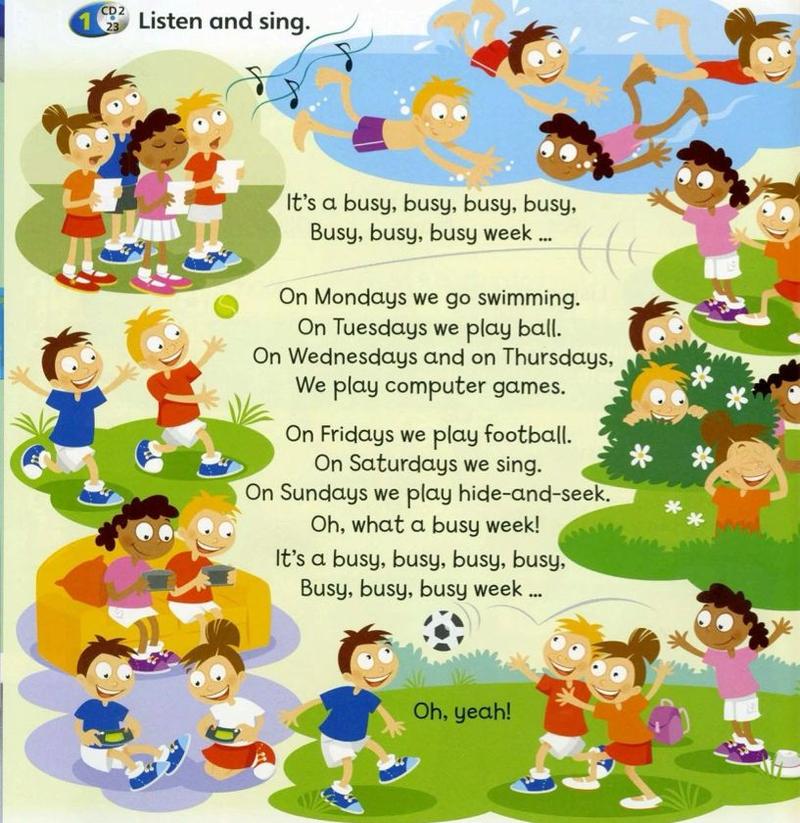 Children swimming, playing ball, playing computer games, playing football, singing and playing hide-and-seek