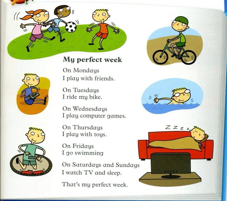 The poem My perfect week with small pictures of football, a bike, computer games, toys, swimming and sleeping