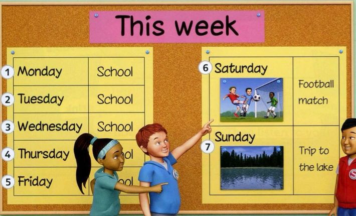 A notice board called This week: Monday to Friday school, Saturday football match, Sunday trip to the lake