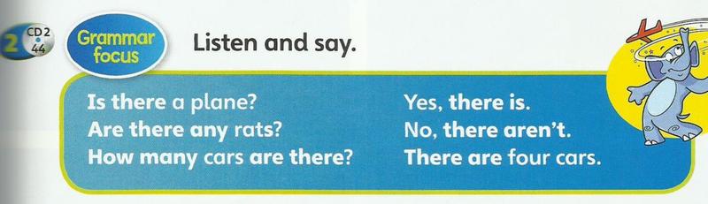 Grammar box: Is there a plane? Yes, there is. Are there any rats? No, there aren't. How many cars are there? There are four cars.