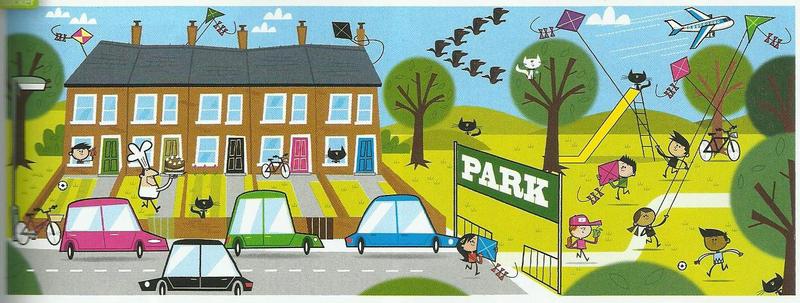A street with four cars next to a park, with kites and a plane in the sky and people playing