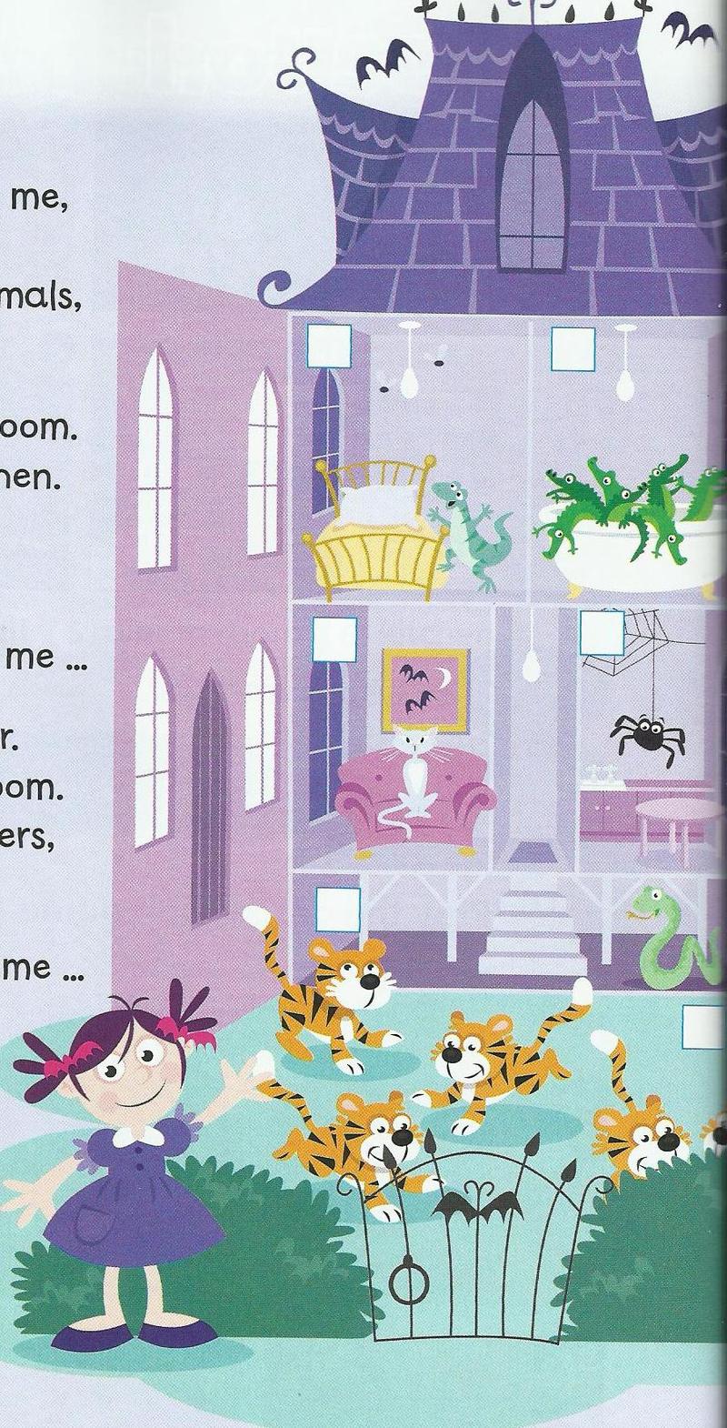 A purple house with a cat in the living room, a spider in the kitchen, crocodiles in the bathroom, tigers in the garden and a girl at the gate