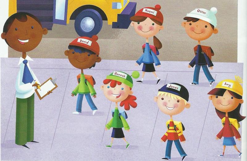 Six children in colourful hats and clothes walking to a school bus