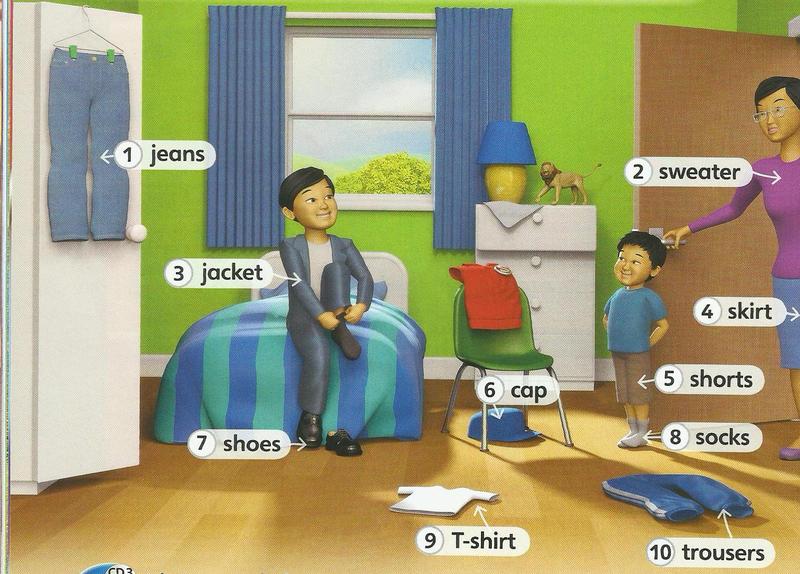 A bedroom with labelled clothes: jeans, sweater, jacket, skirt, shorts, cap, shoes, socks, T-shirt, trousers
