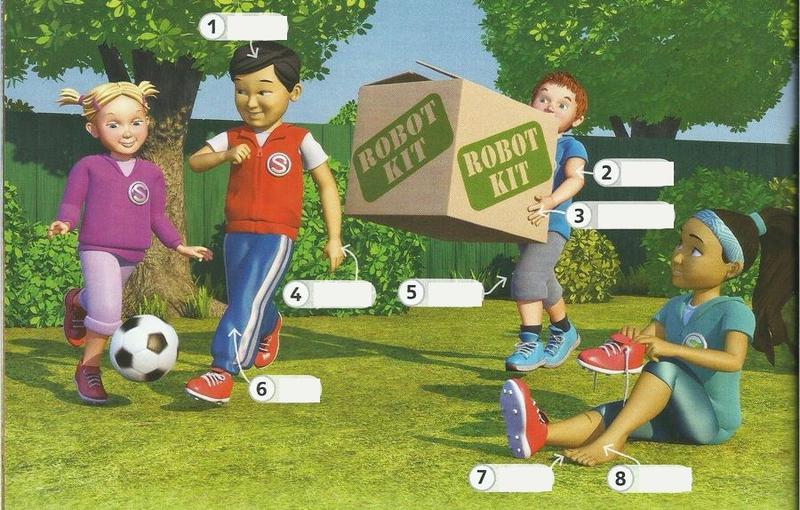 Children with numbers pointing to body parts: 1 head, 2 arm, 3 fingers, 4 hand, 5 knee, 6 leg, 7 toes, 8 foot