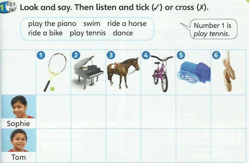A chart with pictures of a tennis racket, a piano, a horse, a bike, swimming goggles and ballet shoes