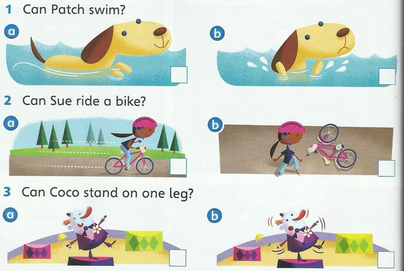 Three pairs of pictures: a dog swimming or sinking, a girl riding a bike or falling off, a clown standing on one leg or falling