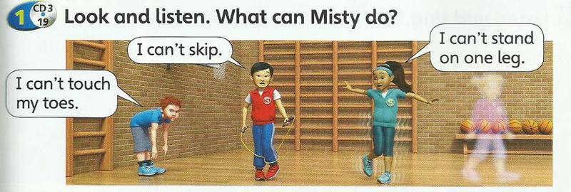 In a gym, a boy bends and says I can't touch my toes, a boy with a rope says I can't skip, a girl on one foot says I can't stand on one leg