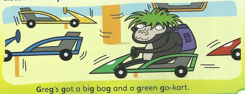 A gorilla called Greg with a big bag drives a green go-kart in a race