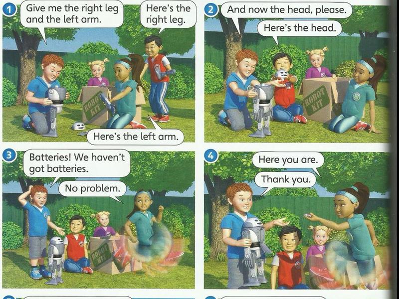 Four story pictures: children put a robot together from a robot kit and ask for batteries