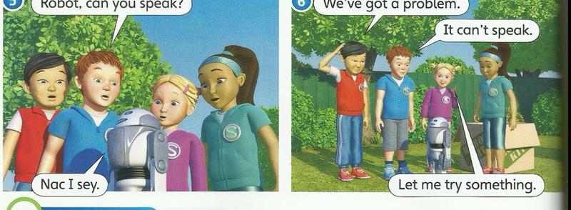 Two pictures: the children ask the robot can you speak, and then say it can't speak