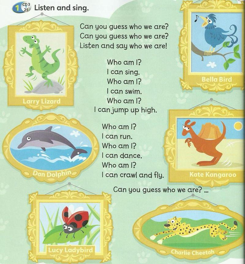 The song Who am I with pictures of Larry Lizard, Bella Bird, Dan Dolphin, Kate Kangaroo, Lucy Ladybird and Charlie Cheetah