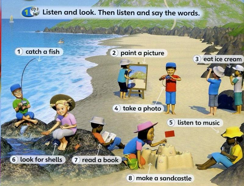A beach scene with eight numbered activities: catch a fish, paint a picture, eat ice cream, take a photo, listen to music, look for shells, read a book, make a sandcastle