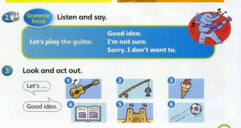 A blue box with Let's play the guitar and three replies, and six small pictures: guitar, fishing rod, ice cream, book, sandcastle, football