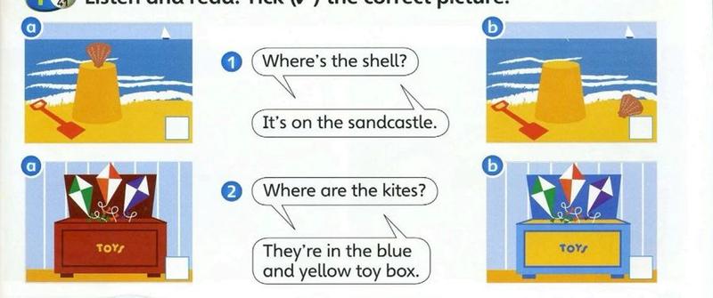 Two pairs of pictures: a shell on a sandcastle or beside it, and kites in a blue and yellow toy box or a red toy box