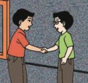 Dua orang lelaki berjabat tangan di perkarangan sekolah