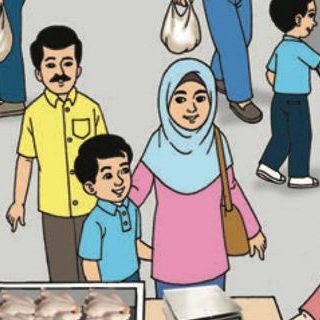 Ayah, ibu dan dua orang anak lelaki berjalan di pasar tani
