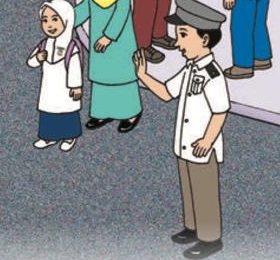 Seorang pengawal sekolah berpakaian putih mengangkat tangan menyambut seorang murid perempuan