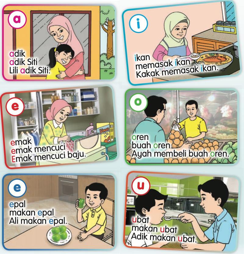 Gambar adik, ikan, emak, oren, epal dan ubat