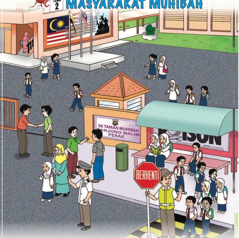 Murid pelbagai kaum berjalan masuk ke pintu pagar sekolah, ada pengawal dan pemegang papan berhenti
