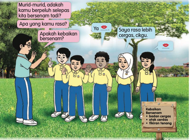 Cikgu bertanya murid tentang kebaikan bersenam dan papan tanda kebaikan bersenam
