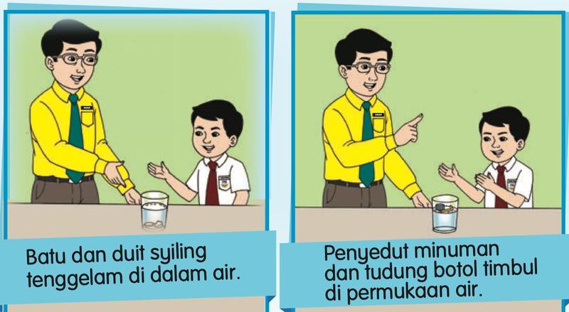 Cikgu dan murid menjalankan uji kaji: batu tenggelam dalam gelas air, penyedut minuman timbul